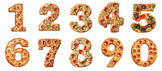 Fototapeta premium Numbers 0 1 2 3 4 5 6 7 8 9 set collection made from pizza isolated on transparent background, PNG. Clipart template 