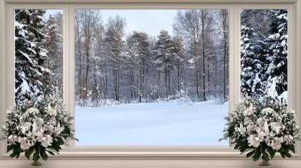 A wooden cabin interior features an empty shelf on the wall, while two coffee cups sit on the table, overlooking a serene winter forest scene at sunrise