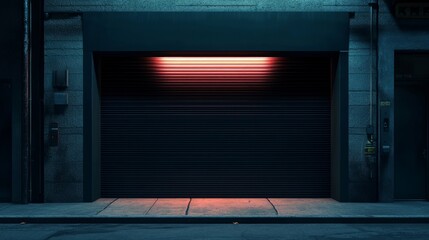 Closed dark roller shutter garage door front view
