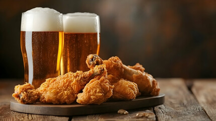 A wooden table is adorned with two glasses of beer and a dish of fried chicken, awaiting the meal to commence.
