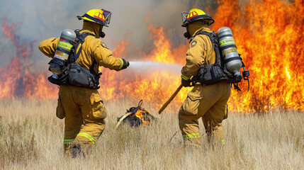 Firefighters wearing protective gear working together to contain a wildfire, with flames in the background and equipment scattered around. --chaos