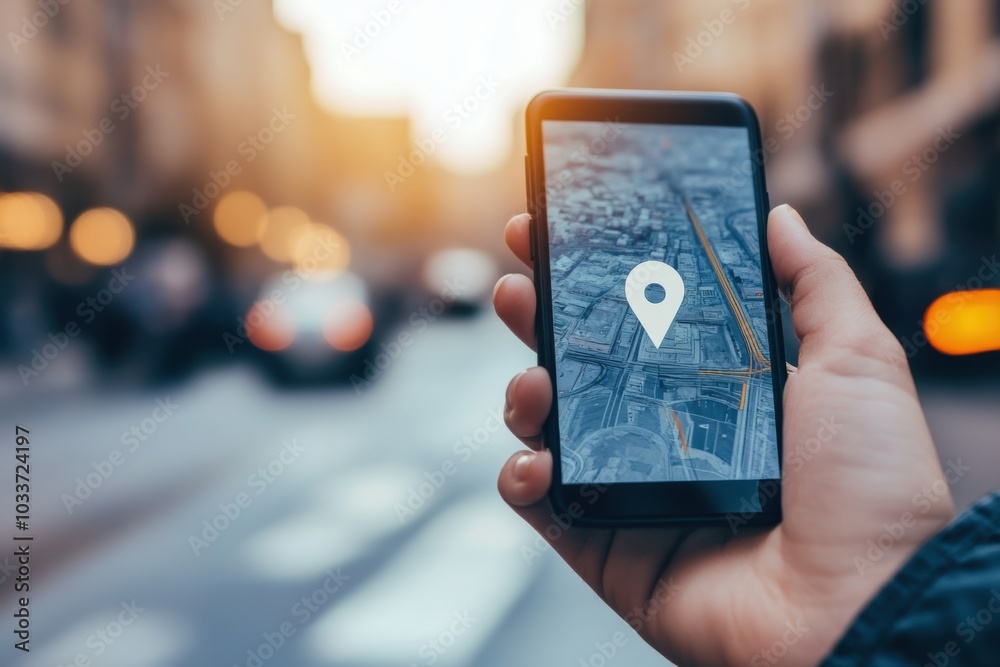 Aufkleber a hand grips a smartphone showing a location pin, illustrating navigation on a busy urban street at 