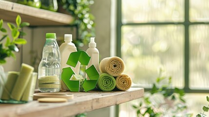 eco-friendly products such as soap and hair shampoo bottles with green recycling symbols in plastic containers on a wooden shelf near a window with plants.