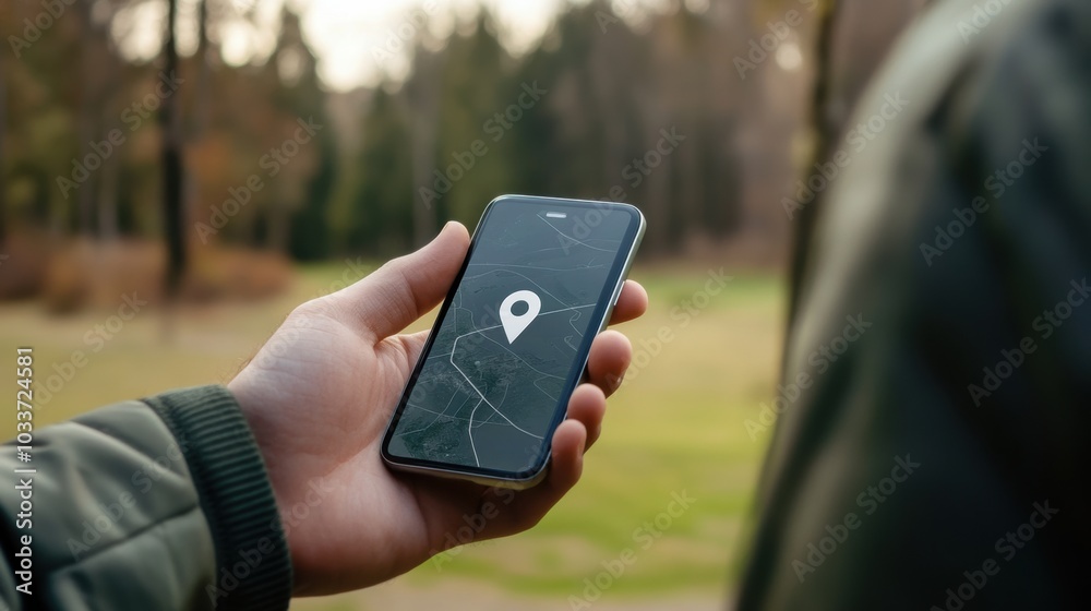Fototapete a person uses a smartphone in a park, showing a location pin on the screen while enjoying the outdoo