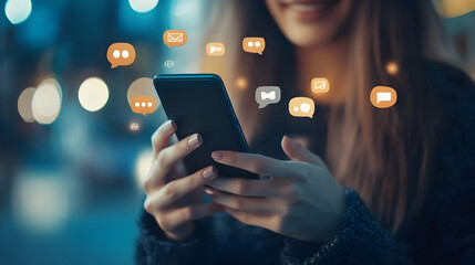 Using a smartphone to chat on social media, followed by speech bubble notifications -ai