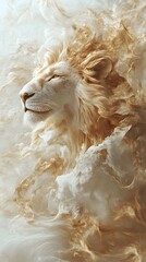 A majestic lion, with its regal mane and intense gaze, stands in the center of an ethereal background filled with swirling mist and delicate flowers