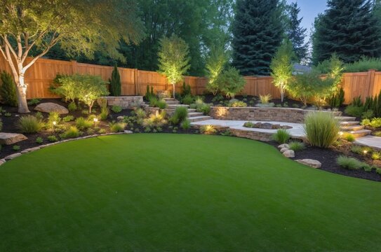 Beautifully landscaped backyard with stone patio and fence