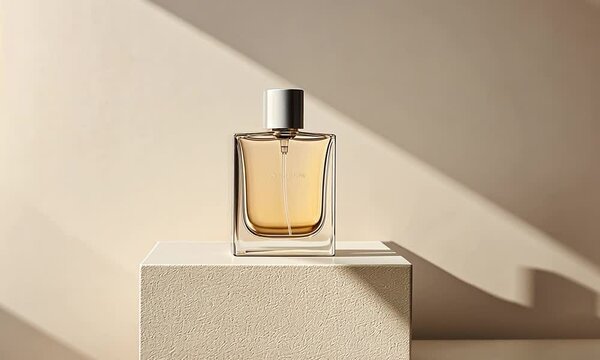 Glass bottle of perfume on a white podium against a neutral background.
