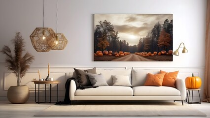 Modern minimalist landscape wall art mockup with sofa for Halloween, blank frame for horizontal wall art bedroom mockup, Halloween vibes of the room interior design