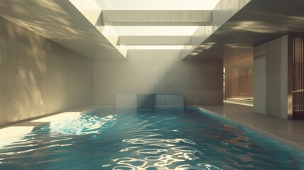 Obraz premium Luxurious indoor swimming pool with a sleek, modern design and sunlight pouring in through large glass panels
