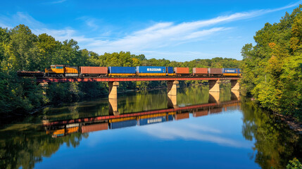 Fototapeta premium Freight train carrying containers crossing a bridge over a river, with reflections of the loaded cars in the water below --chaos
