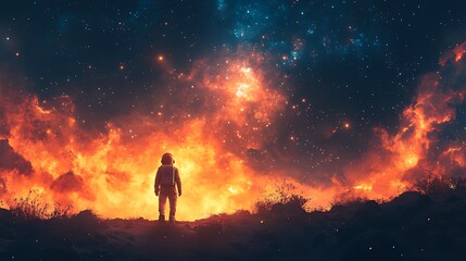 An astronaut stands silhouetted against a fiery sky filled with stars and a nebula.
