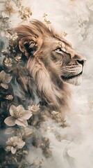 A majestic lion, with its regal mane and intense gaze, stands in the center of an ethereal background filled with swirling mist and delicate flowers