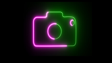 Glowing neon color photo camera animation icon video camera photographic video shutter digital camera animated video.