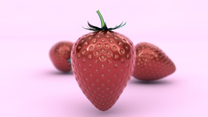 A close-up 3D render of a vibrant, glossy strawberry with a smooth pink background. The strawberry's texture and seeds are clearly visible, and two blurred strawberries appear in the background.