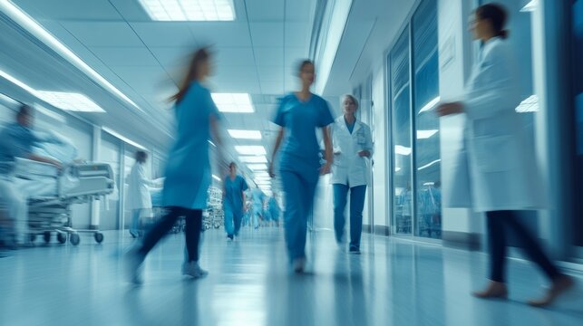 Dynamic scene of healthcare workers on the move in hospital corridor. Blurry figures of doctors in hospital