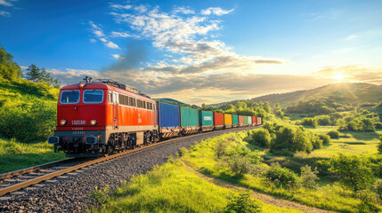 Fototapeta premium Freight train loaded with colorful shipping containers, moving along the railway track in a rural landscape under a clear blue sky --chaos
