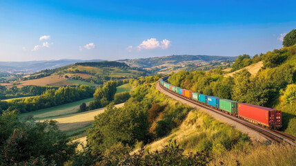 Freight train loaded with colorful shipping containers, moving along the railway track in a rural landscape under a clear blue sky --chaos
