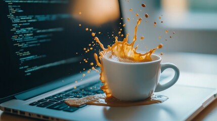 Falling coffee cup on laptop. motif of spilling coffee on the computer and losing data, close-up view