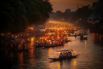 Obraz premium Traditional Evening Lantern Festival on a River with Crowds and Boats Illuminated by Orange Lights