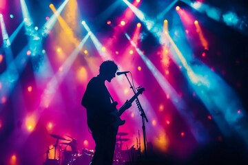 A mesmerizing, abstract concert scene with a guitarist playing under intense stage lights. The lights cast colorful beams and shadows across the stage, creating a vibrant, high-energy background.