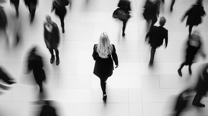 Naklejka na ściany i meble woman walking in the middle of a moving crowd of people with motion blur