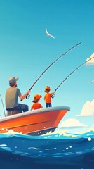 Obraz premium Family fishing on commercial boat in ocean cartoon. Fisherman, children and father in learning process with rod equipment. Seascape with ship for banner graphic backdrop. Nautical adventure concept
