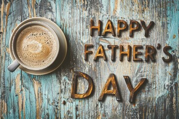 The words HAPPY FATHER'S DAY are displayed in a vintage wood letter font on a grunge background with a coffee cup still life.