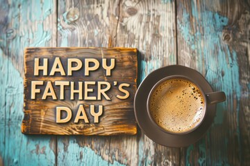 The words HAPPY FATHER'S DAY are displayed in a vintage wood letter font on a grunge background with a coffee cup still life.