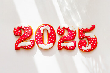 Christmas and New Year banner gingerbread cookies numbers 2025 on white background, copy space, minimalism