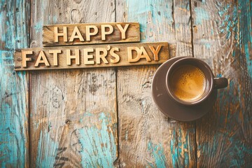 The words HAPPY FATHER'S DAY are displayed in a vintage wood letter font on a grunge background with a coffee cup still life.