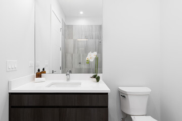 A bathroom with a wood cabinet, white marble countertop, and a view of a tiled shower through the mirror.