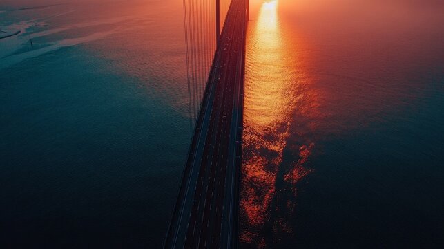 Gorgeous aerial image of the Oresundsbron bridge, which connects Sweden and Denmark. Close-up of the Oresund Bridge at dusk.