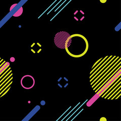 Patrón retro sin costuras con diseño de los años 80. Diseño gráfico azul oscuro con elementos amarillos, cian y rosas.