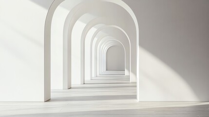 Obraz premium A long, narrow hallway lined with white arches.