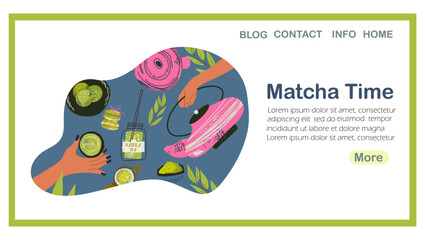 Landing page Matcha Time, tea, coffee, hand drawn vector illustration, web design, website, background, vector, design. Vector hand drawn art.