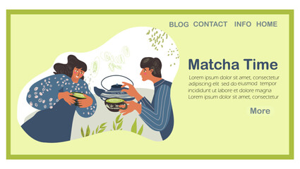 Landing page Matcha Time, tea, coffee, hand drawn vector illustration, web design, website, background, vector, design. Vector hand drawn art.