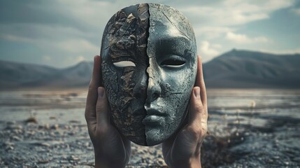Hands holding cracked dual-texture mask in desert landscape