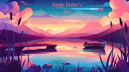 Vector illustration of "Happy Father's Day" text with dock and lake background, with a gradient color scheme. The letters have a sense of depth and perspective