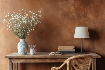 Warm and cozy workplace interior with wooden desk, rattan chair, vase with flowers, books, marble lamp, cup with pencils, sculpture, brown wall and personal accessories. Home decor, Generative AI