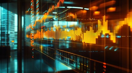 A dynamic chart of fluctuating stock market prices projected on a glass window in a modern office