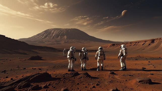 Astronauts explore a Martian landscape.