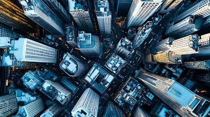 An aerial view of a financial district with tall office buildings and stock exchange headquarters