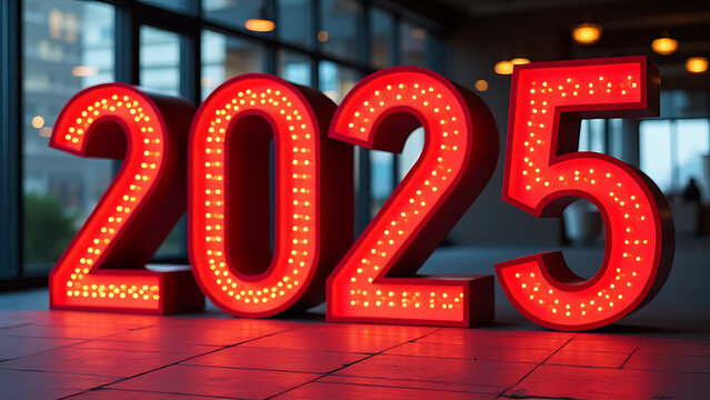 The numerical value 2025 is prominently displayed in bold red ink on a large sign somewhere.