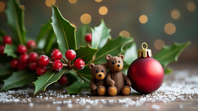 The sprig of holly bears its bright red berries alongside a festive red ball this holiday season.