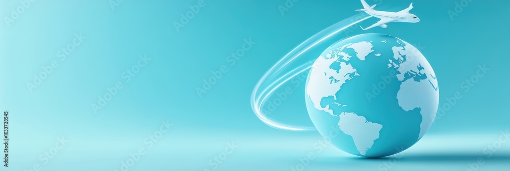 Poster A globe showcases continents and oceans, with a plane elegantly tracing a flight path, symbolizing global exploration and travel. Generative AI