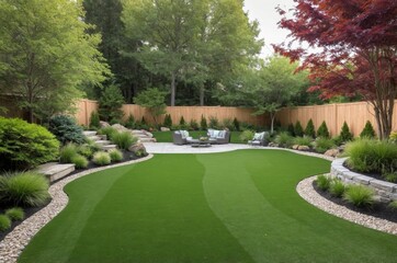Beautifully landscaped backyard featuring artificial grass and relaxing seating area