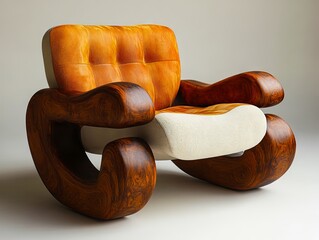 A wooden chair with an orange and white upholstered seat