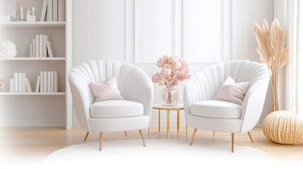 Fototapeta premium Bright and inviting podcast studio with midcentury modern design, featuring white chairs and elegant decor for intimate conversations