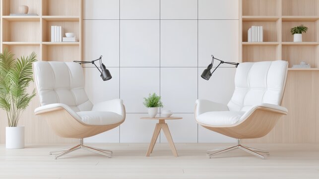 Bright and modern podcast studio featuring midcentury chairs and professional microphones in an intimate setting